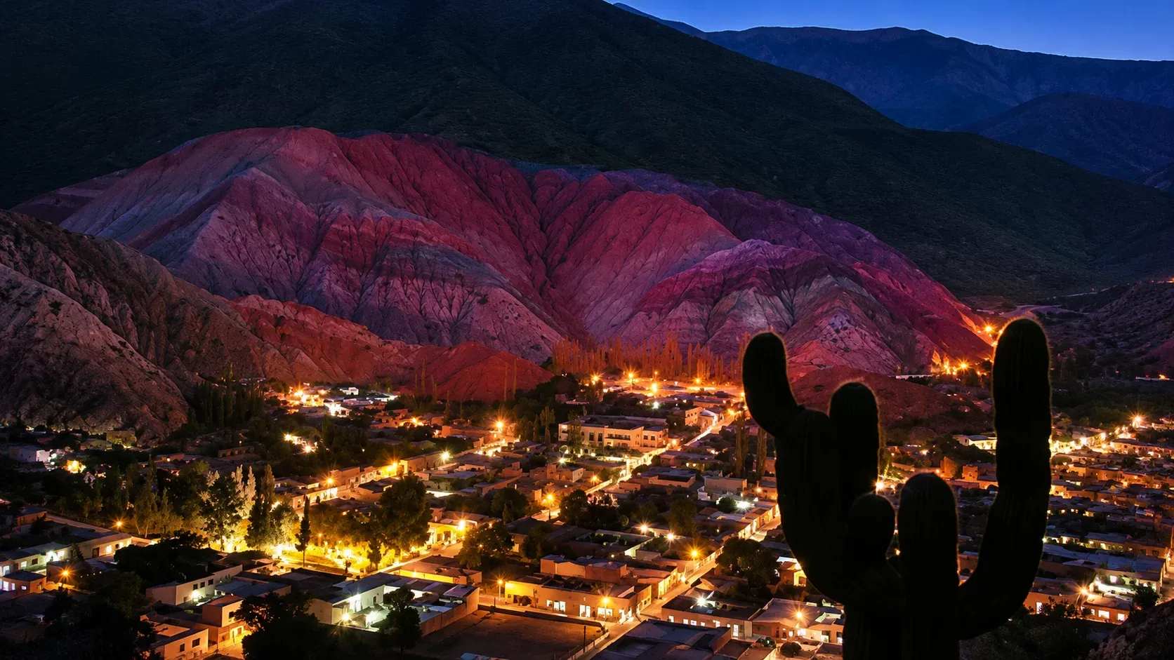Panoramic view of Purmamarca at night