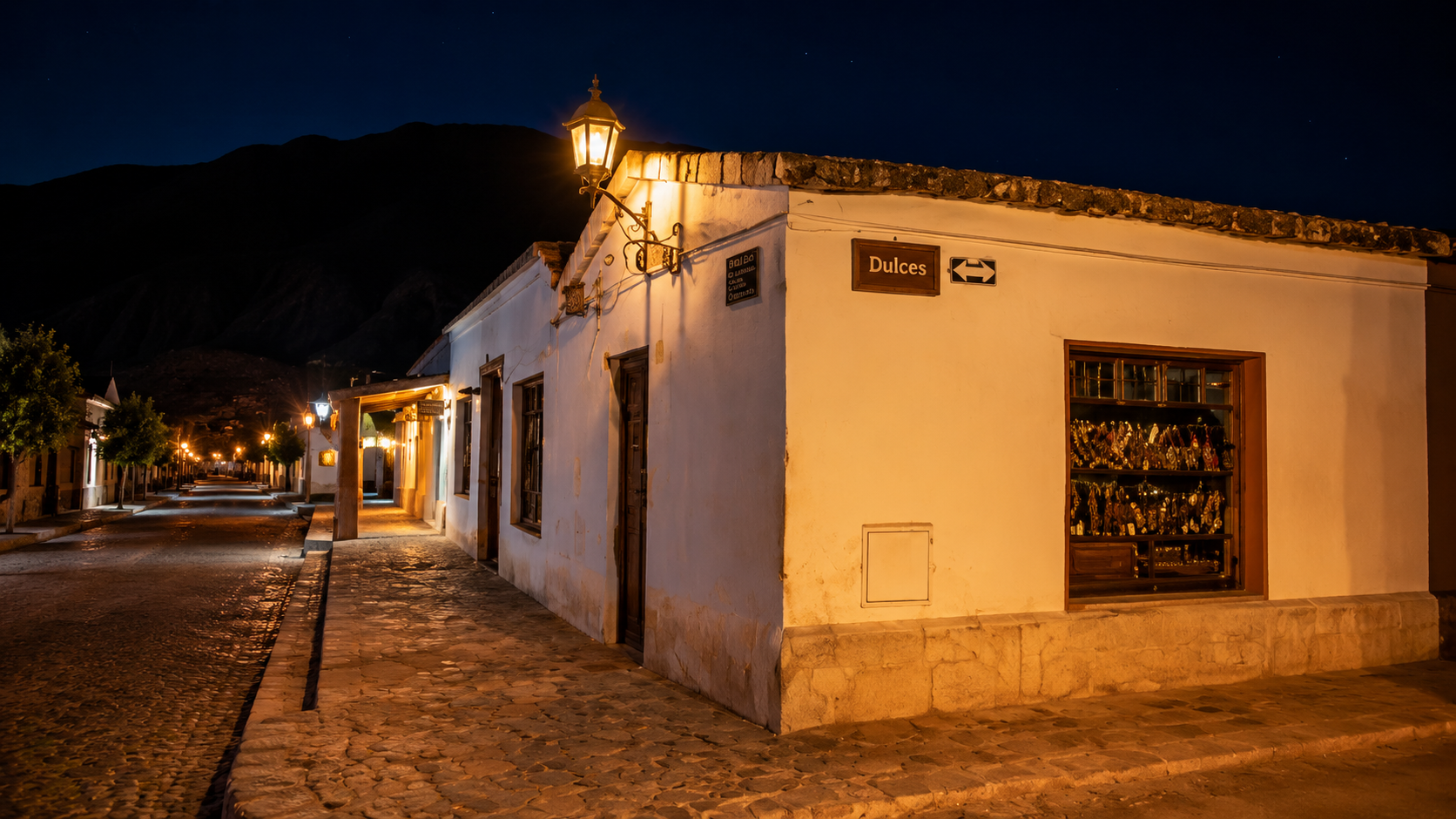 Calle tradicional iluminada durante la noche en Purmamarca